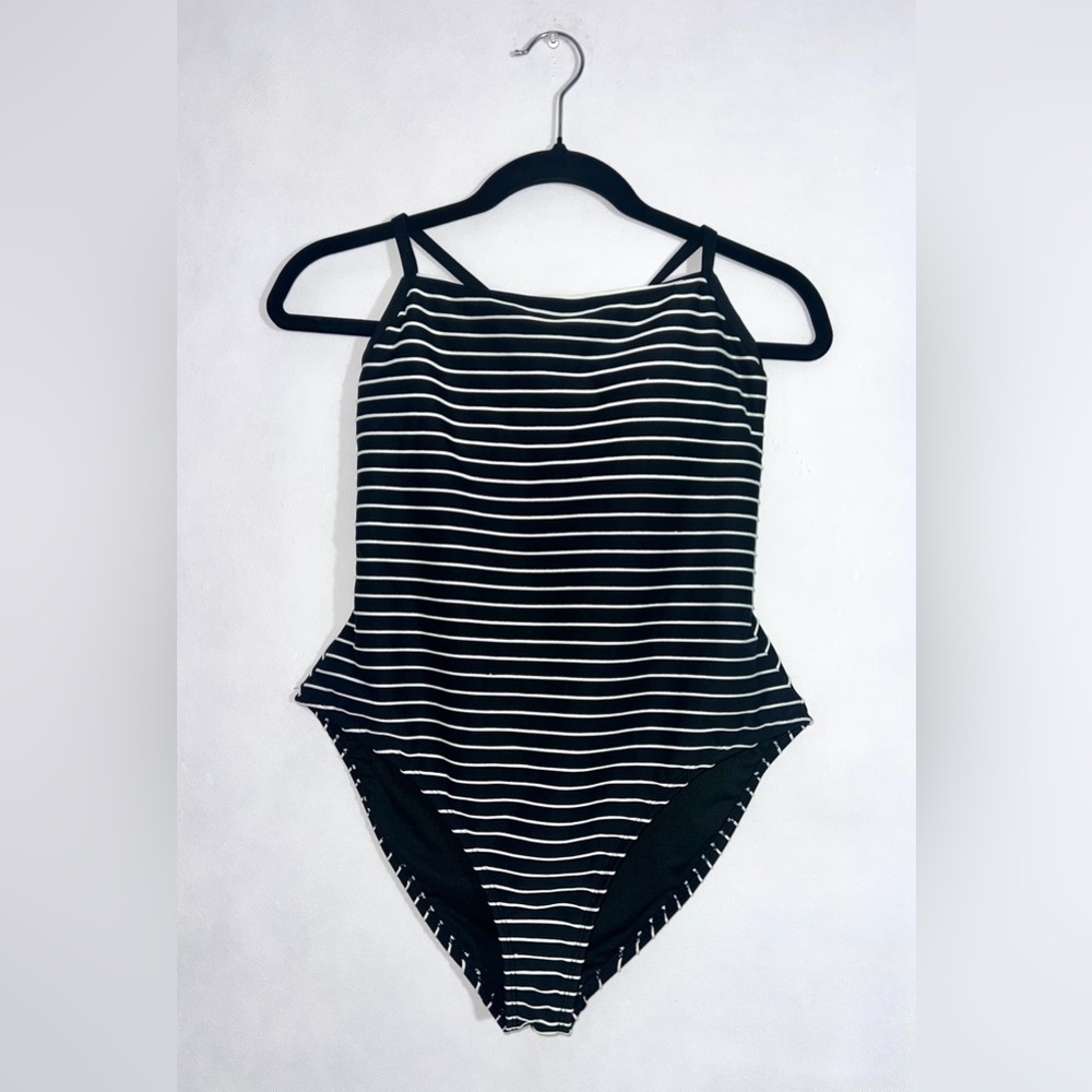 Mynah Women's  Size L Bathing Suit Black with White Stripes‎ 1 piece Tie Closure